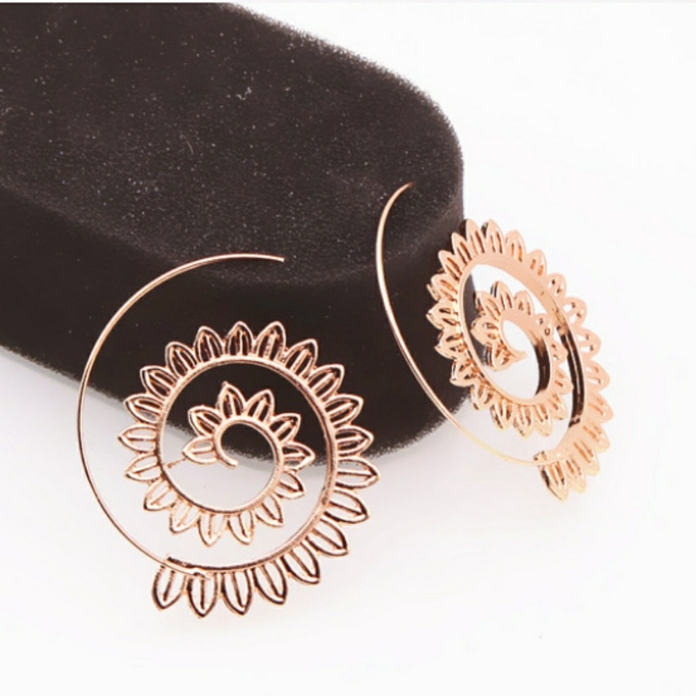 Boho Spiral Hoop Gold Leaf Earrings - Picture 2 of 8